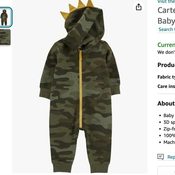 NWT Carter's Baby Boys' Hooded Jumpsuit (Newborn, Green Baby Dino Spike) - Picture 1 of 3